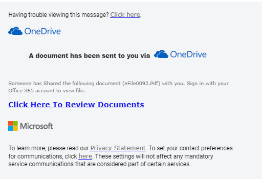A screenshot of a fake OneDrive email claiming a shared document is waiting, with a prominent “View Document” button linking to a phishing site—designed to trick users into entering login credentials.