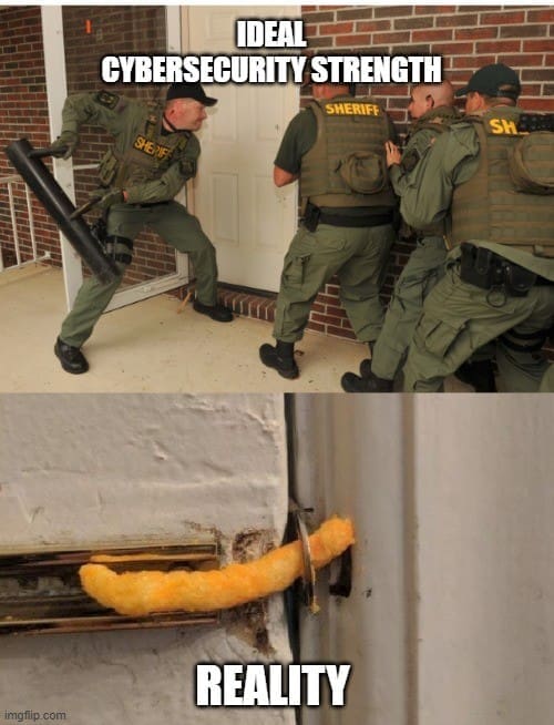 Meme showing the difference between perceived cybersecurity strength and actual vulnerability.