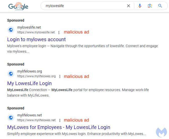 Malicious Google ads of Lowes corpotate login website