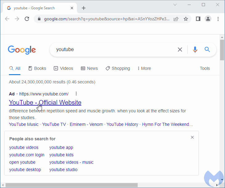 Example of malicious Youtbe ads on Google search results