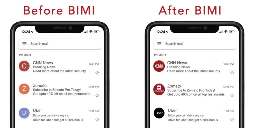Example of BIMI displaying verified brand logos in email inboxes to improve trust and help users identify legitimate messages.