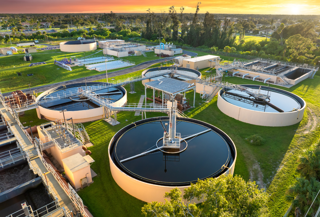 Aerial view of a water treatment facility used by water utilities to deliver safe and reliable water services to local communities.