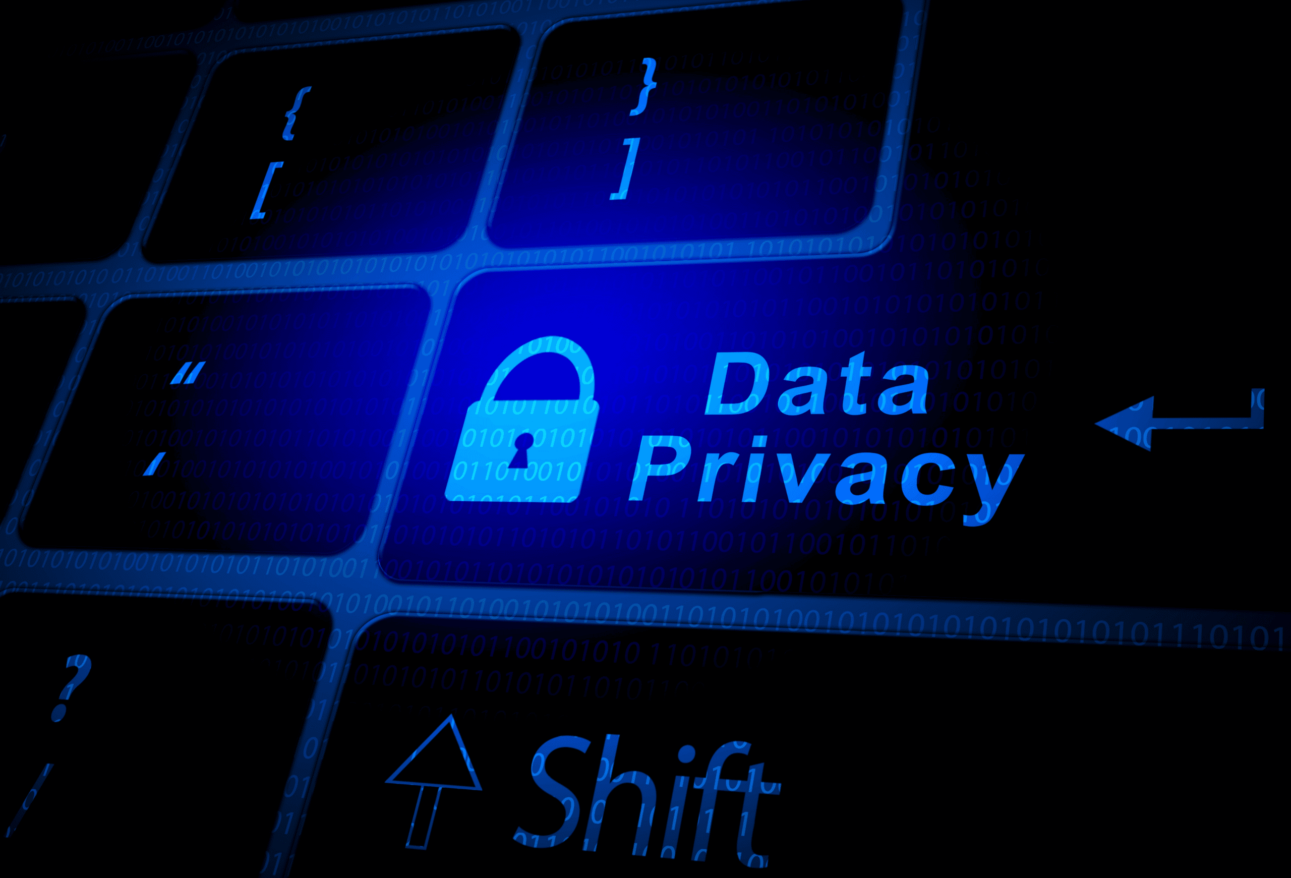 Data privacy and AI security concept showing a digital lock over a computer keyboard