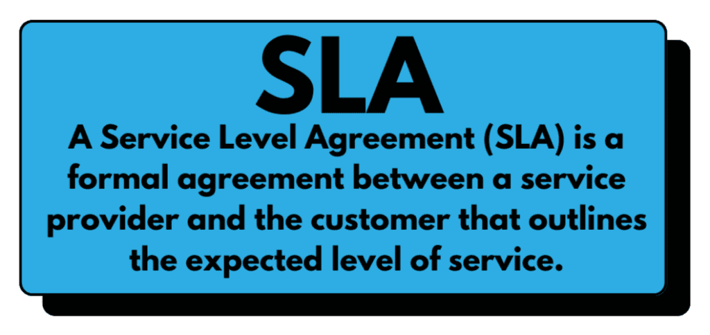 Graphic defining IT support SLAs as formal agreements outlining expected service levels between a provider and customer.
